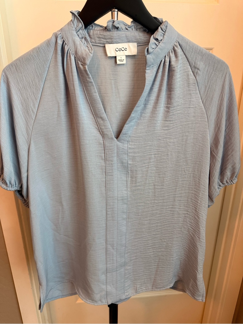 CeCe Pale Blue Ruffle Neck Short Sleeve Blouse
